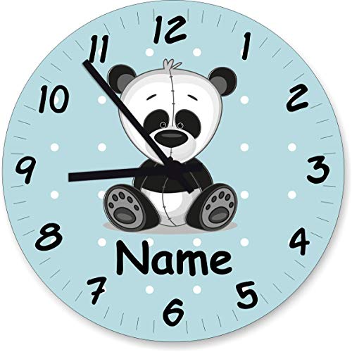 ShirtInStyle Wanduhr Kinderzimmer Wanduhr Panda Bär mit Wunschnamen Geschenk Uhr Kinder Handmade, 20cm, Pastellblau von ShirtInStyle