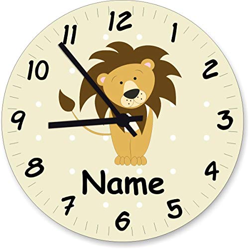 ShirtInStyle Wanduhr Kinderzimmer Wanduhr Löwe mit Wunschnamen Geschenk Uhr Kinder Handmade, 20cm, Pastellbgelb von ShirtInStyle