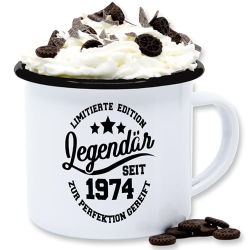 Emaille Tasse Blechtasse - 50. Geburtstag - Legendär seit 1974-300 ml - Weiß Schwarz - 50 blech 50.geburtstag 50er (50) 50iger fünfzig 50-geburtstag 50zigster 50ter fünfziger 50ziger 50ten von Shirtracer