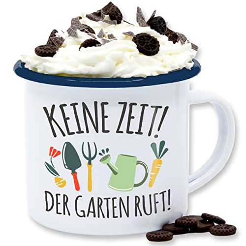 Emaille Tasse Blechtasse - Deko Hobby Geschenk - Keine Zeit! Der Garten ruft - 300 ml - Weiß Blau - gartenbauer blech für gartenfreunde den gartenfreund zeit bin im sprüche gartentassen garden von Shirtracer