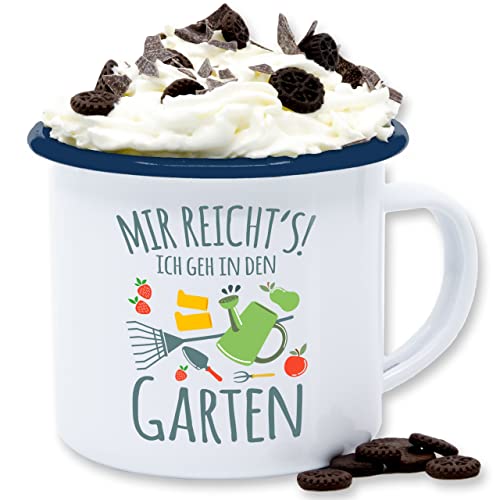 Emaille Tasse Blechtasse - Deko Hobby Geschenk - Mir reicht's ich geh in den Garten - 300 ml - Weiß Blau - +für+gärtner gärtnerin tassen gärtner kaffeetasse gartenliebhaber blech von Shirtracer