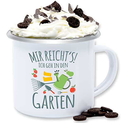 Emaille Tasse Blechtasse - Deko Hobby Geschenk - Mir reicht's ich geh in den Garten - 300 ml - Weiß Silber - +für+gärtner gärtnerin tassen gärtner kaffeetasse gartenliebhaber blech von Shirtracer