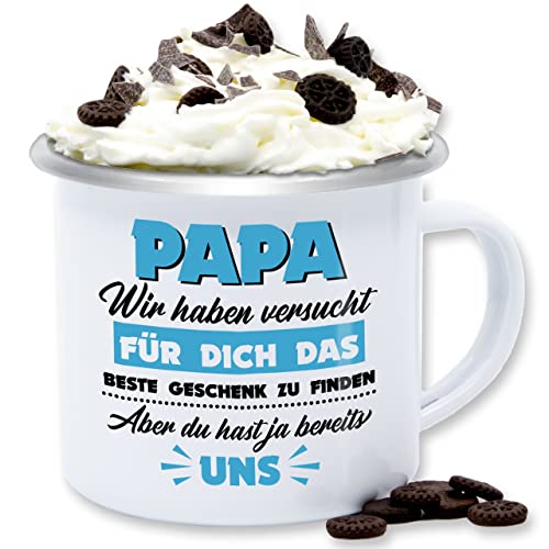 Emaille Tasse Blechtasse - zum Vatertag - Papa wir haben versucht das Geschenk zu finden - 300 ml - Weiß Silber - papatagsgeschenk bester blech himmelfahrt geschenke beste vateetagsgeschenk von Shirtracer