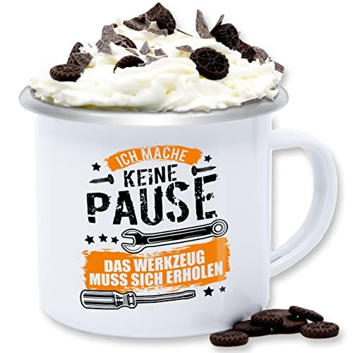 Emaille Tasse Blechtasse - Statement Sprüche - Ich mache keine Pause das Werkzeug muss sich erholen - Geschenk Handwerker Werkstatt Spruch Lustig Schrauber Techniker Bauarbeiter - 300 ml - Weiß von Shirtracer