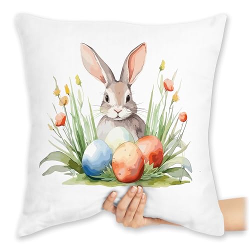 Kissen 40x40 Zierkissen - Osterkissen - Hase mit Ostereiern - 40 x 40 cm - Weiß - oster ostern kissenhülle ostergeschenke osterhase osterartikel ostermotiv osterüberraschungen osterkleinigkeiten von Shirtracer