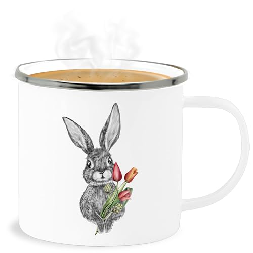 Emaille Becher Blechbecher - Ostergeschenke - Kaninchen Hase - 300 ml - Weiß Silber - frohe ostern oster kleinigkeit easter osterhasen mit ostermotiv ostergeschenk osterartikel hasen ostermotiven von Shirtracer