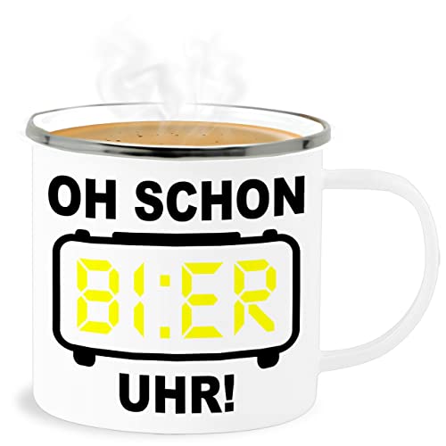 Shirtracer Emaille Becher Blechbecher - Statement Sprüche - Oh schon Bier Uhr! Schwarz - 300 ml - Weiß Silber - mit sprüchen uhr spruechen sprüche, sprueche spruch sarkasmus von Shirtracer