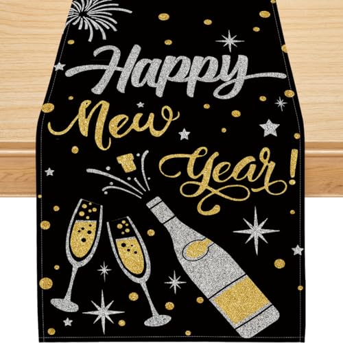 Siilues Tischläufer "Happy New Year", 2024 Frohes neues Jahr, Dekoration, Prost, Läufer für den Tisch, saisonale Winterferiendekoration für Esstischdekorationen (33 x 152 cm) von Siilues