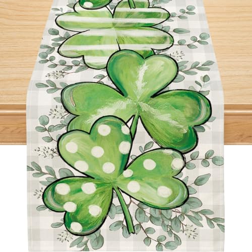 Siilues St. Patricks Day Tischläufer, St. Patrick's Day-Dekoration, grünes Kleeblatt, saisonale Frühlingsfeiertage, Tischdekoration für drinnen und draußen, Esstischdekoration (33 x 308 cm) von Siilues