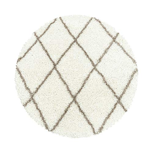 SIMPEX Hochflor Teppich, Geometrisch Design, Teppich Creme, 160 cm Rund, Teppich skandinavischen Stil, Teppich Wohnzimmer von SIMPEX