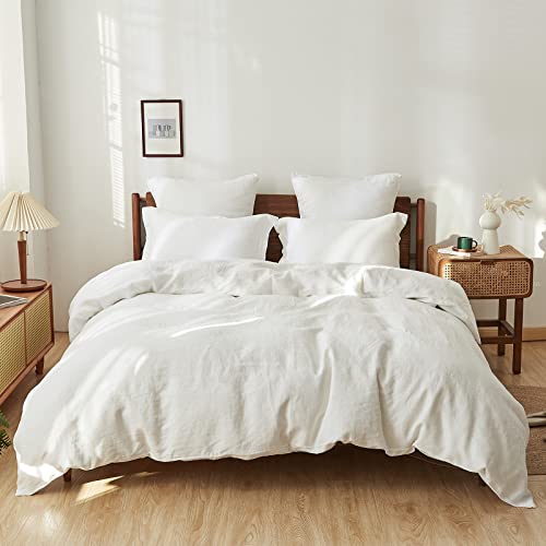 Simple&Opulence Bettbezug-Set 100% Naturleinen Bequem Einfach Bettwäsche,2 Kissenbezügen 50x75cm（Weiß,260 x 220 cm） von Simple&Opulence