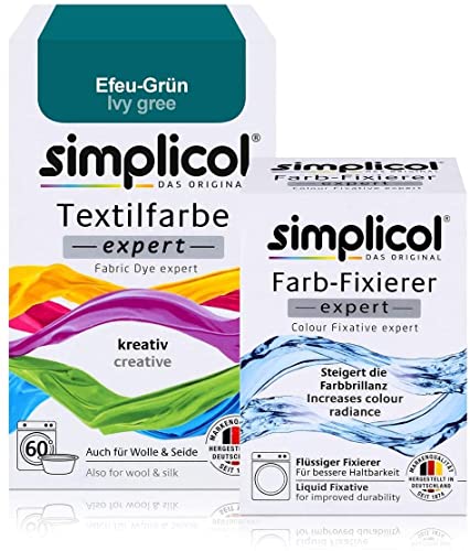 simplicol Textilfarbe expert + Farbfixierer Kombipack, Efeu-Grün 1713: Farbe für Waschmaschine oder manuelles Färben von simplicol