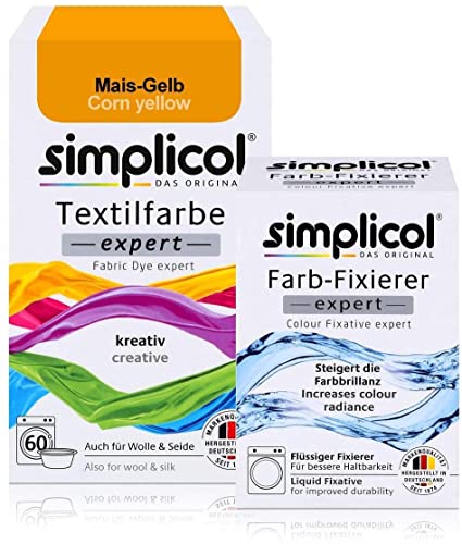 simplicol Textilfarbe expert + Farbfixierer Kombipack, Mais-Gelb 1701: Farbe für Waschmaschine oder manuelles Färben von simplicol