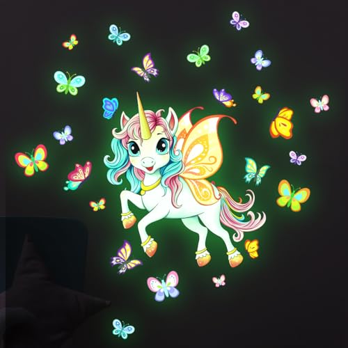 Einhorn Wandtattoo Kinderzimmer Leuchtend Schmetterling Wandaufkleber Mädchenzimmer Leuchtsticker, Leuchtaufkleber Fluoreszierend Wandsticker Babyzimmer Deko Geschenke für Mädchen Grün von Sinekong