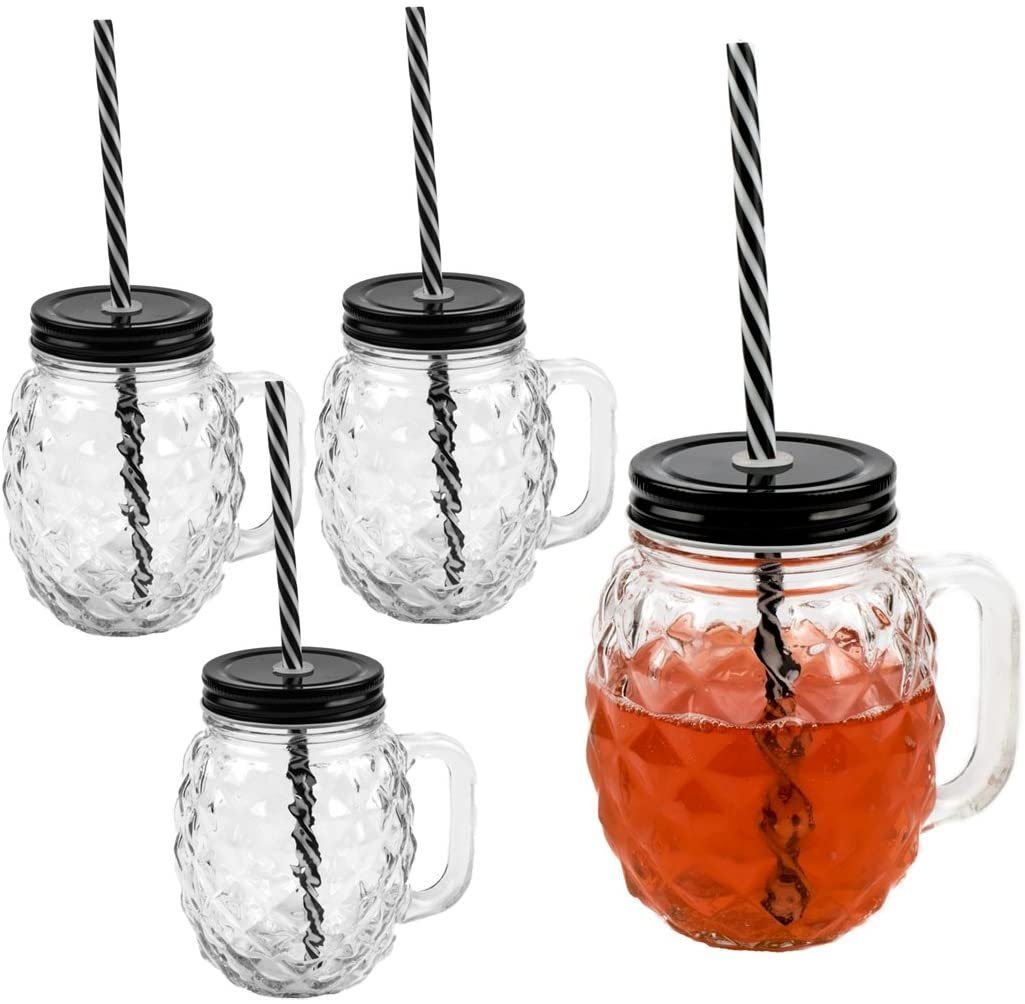 Sinoba Gläser-Set 3D Ananas Glas Trinkglas Set Trinkgläser mit Deckel und stabilem Strohhalm für Garten Party Sommer Grill Deko 450ml von Sinoba