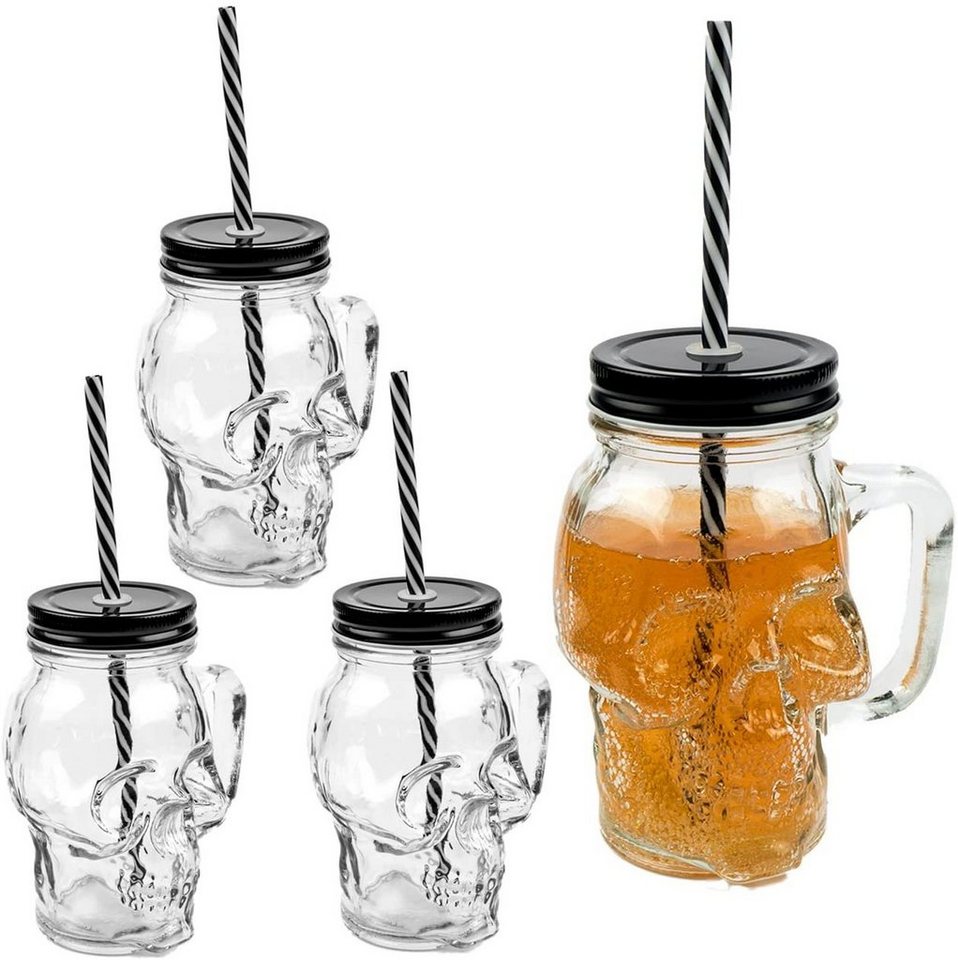 Sinoba Gläser-Set 3D Totenkopf Glas Trinkglas Set Trinkgläser mit Deckel und stabilem Strohhalm für Garten Party Halloween Sommer Grill Deko 450ml von Sinoba