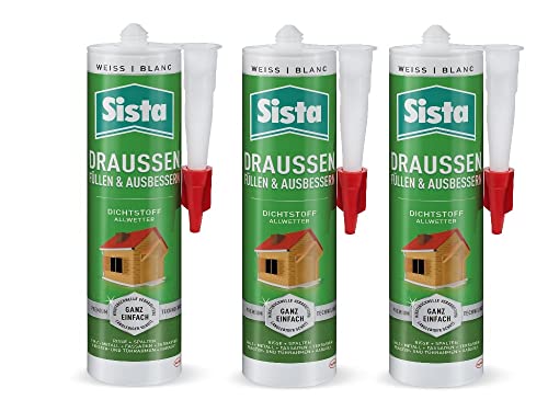 SISTA DRAUSSEN Füllen & Ausbessern, weißer Polymer Dichtstoff für den Außenbereich, wetterfestes Abdichten mit überstreichbarem Fugenfüller, 3x280ml Kartusche von Sista