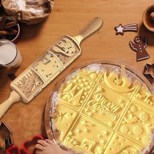 Weihnachten Geprägt Teigroller 3D Holz Nudelholz mit Muster Weihnachts Holz 3D Prägung Nudelholz Gravierte Nudelhölzer mit 9 verschiedenen Szenen für Backen von Gebäck, Kuchen, Keksen, Fondant von Skeadex