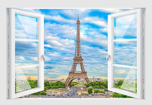 Skins4u Fenster 3D Optik Wandtattoo Wandbild Aufkleber Dekoration Bild Foto Tapete Motiv Paris Eiffelturm von Skins4u