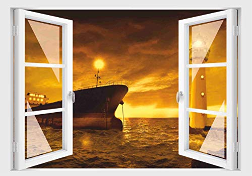 Skins4u Fenster 3D Optik Wandtattoo Wandbild Aufkleber Dekoration Bild Foto Tapete Motiv Schiff & Leuchtturm von Skins4u