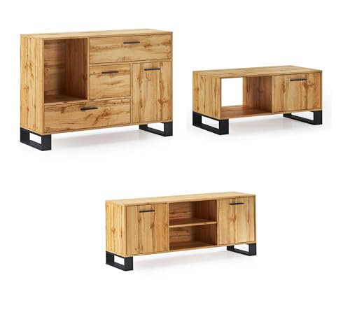 Skraut Home - Set Sideboard + TV-Schrank + Couchtisch Wohnzimmer - Loft-Modell - Esszimmer-Set - Widerstandsfähige Struktur - Einfache Montage - Rustikale Ausführung von Skraut Home