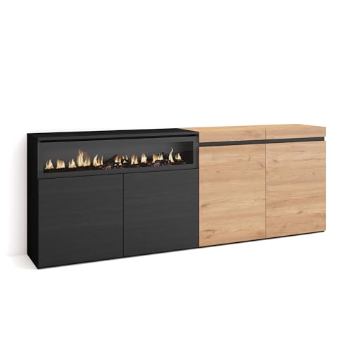 Skraut Home | Sideboard, Highboard | Kommode, Komodenschrank | 200x75x35cm | 4 Türen | Elektrokamin. Maße | Moderner Stil | Eiche Schwarz von Skraut Home