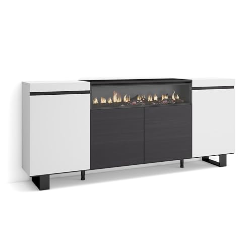 Skraut Home | Sideboard, Highboard | Kommode, Komodenschrank | 200x87x35cm | 4 Türen | Elektrokamin. Maße | Industriedesign | Moderner Stil | Weiß und Schwarz von Skraut Home