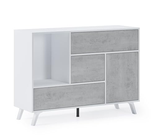 Skraut Home – Sideboard für Wohn- oder Esszimmer – 86 x 120 x 40 cm – Buffet mit 1 Tür + 3 Schubladen – Windmodell – Widerstandsfähiges Holz – Weiß/Zement-Finish von Skraut Home