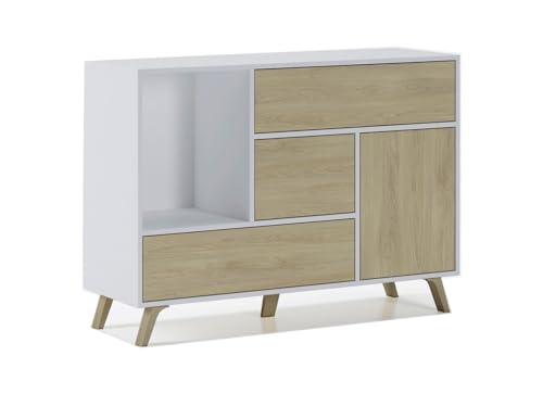 Skraut Home – Sideboard für Wohn- oder Esszimmer – 86 x 120 x 40 cm – Buffet mit 1 Tür + 3 Schubladen – Windmodell – widerstandsfähiges Holz – Weiß/Eiche-Finish von Skraut Home