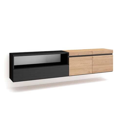 Skraut Home | TV-Schrank, Lowboard | für Wohnzimmer und Esszimmer | 200x45x35cm | Für TV-Geräte bis zu 80" | Hängend | Moderner Stil | Eiche Schwarz von Skraut Home