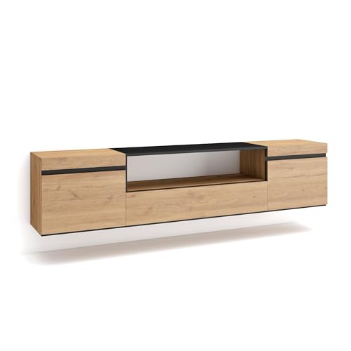 Skraut Home | TV-Schrank, Lowboard | für Wohnzimmer und Esszimmer | 200x45x35cm | Für TV-Geräte bis zu 80" | Hängend | Moderner Stil | Eiche Schwarz Skraut Home | TV-Schrank, Lowboard | für Wohnzimmer und Esszimmer | 200x45x35cm | Für TV-Geräte bis zu 80" | Hängend | Moderner Stil | Eiche Schwarz von Skraut Home