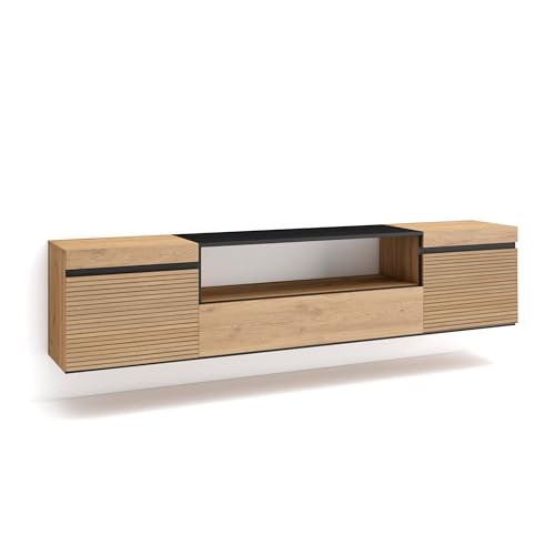 Skraut Home | TV-Schrank, Lowboard | für Wohnzimmer und Esszimmer | 200x45x35cm | Für TV-Geräte bis zu 80" | Hängend | Moderner Stil | Eiche Skraut Home | TV-Schrank, Lowboard | für Wohnzimmer und Esszimmer | 200x45x35cm | Für TV-Geräte bis zu 80" | Hängend | Moderner Stil | Eiche von Skraut Home