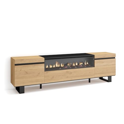 Skraut Home | TV-Schrank, Lowboard | für Wohnzimmer und Esszimmer | 200x57x35cm | Für TV-Geräte bis zu 80" | Elektrokamin. Maße | Industriedesign | Moderner Stil | Eiche Schwarz von Skraut Home