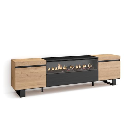 Skraut Home | TV-Schrank, Lowboard | für Wohnzimmer und Esszimmer | 200x57x35cm | Für TV-Geräte bis zu 80" | Elektrokamin. Maße | Industriedesign | Moderner Stil | Eiche Schwarz von Skraut Home