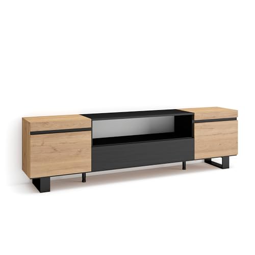 Skraut Home | TV-Schrank, Lowboard | für Wohnzimmer und Esszimmer | 200x57x35cm | Für TV-Geräte bis zu 80" | Industriedesign | Moderner Stil | Eiche Schwarz von Skraut Home