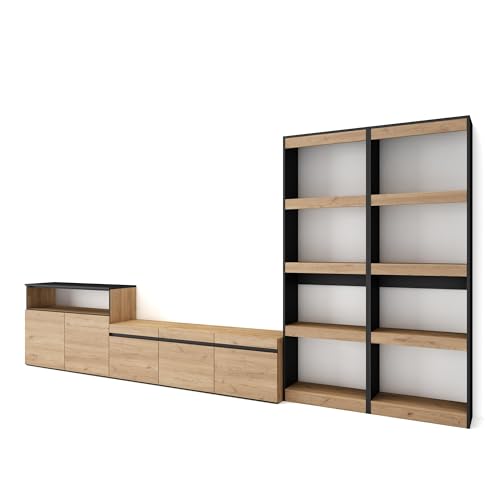 Skraut Home | Wohnwand Wohnzimmer | Wohnzimmermöbel, Möbelset | 370x186x35cm | Für TV-Geräte bis zu 65" | Wohnzimmer Möbel | Moderner Stil | Eiche Schwarz von Skraut Home