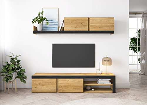 Skraut Home Wohnzimmer IDEM Naturale-Möbelgruppe-Oberschrank-TV-Möbel-Esszimmer, Wohnzimmergarnitur Nordische Eiche/Schwarz-Moderner Stil Aufbewahrung 200 x 180 x 40 cm, 200x180x40cm von Skraut Home