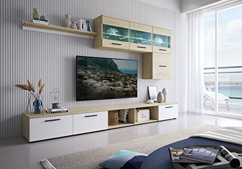 Skraut Home - Wohnzimmermöbel - Modell Paris - Set aus Sideboard-Regal und TV-Schrank - Nordischer Stil - Mit LED-Licht - Melamin - Weiß und Eiche von Skraut Home