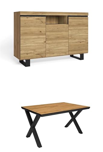 Skraut Home - Wohnzimmermöbel-Set | Tisch 140 Rand Schwarze X-Beine 6 Personen | Sideboard/Buffetschrank 140 Tall | Eiche und Schwarz | Industrieller Still von Skraut Home