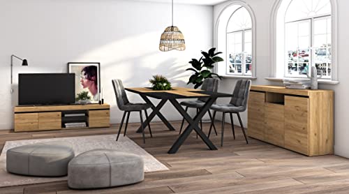 Skraut Home - Wohnzimmermöbel-Set | Tisch 200 Bicolour X-Beine 10 Personen | Lowboard 160 | Sideboard/Buffetschrank 140 | Eiche und Schwarz | Industrieller Still von Skraut Home