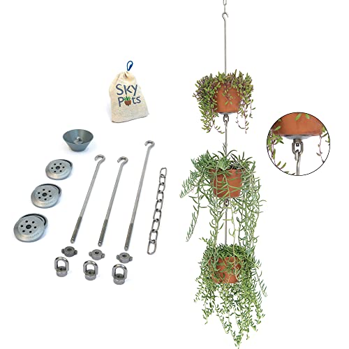 SkyPots 3er-Pack, Topf-Hänge-Sets + Zubehör – Hängen und verbinden Sie Ihre täglichen Töpfe, alle neuen vertikalen Garten-Sets – für drinnen und draußen – kaskadierende Entwässerung – langlebig und von SkyPots