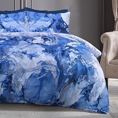 Sleepdown Bettwäscheset mit Kissenbezügen, metallisches Marmor, glitzernd, Blau, silberfarben, wendbar, weich, pflegeleicht, Doppelbett (200 x 200 cm) von Sleepdown