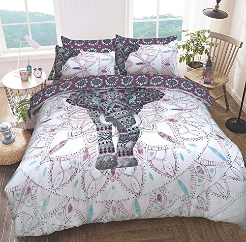 Sleepdown Elefanten-Mandala-Bettwäsche-Set, wendbar, pflegeleicht, antiallergisch, weich und glatt, mit Kissenbezügen (King-Size) von Sleepdown