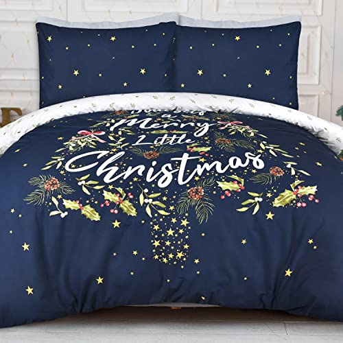 Sleepdown Merry Christmas Holly Tree Wende-Bettwäsche-Set mit Kissenbezug, weiche, Pflegeleichte Bettwäsche, Einzelbett, 135 cm x 200 cm, Marineblau von Sleepdown