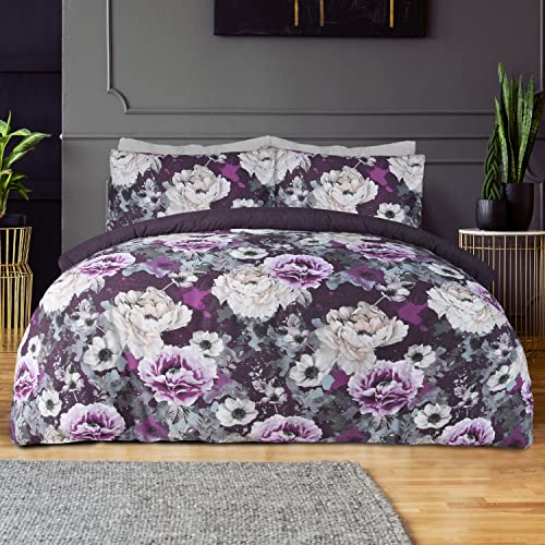 Sleepdown Wende-Bettbezug mit Blumenmuster, Baumwolle Polyester, violett, Einzelbett von Sleepdown