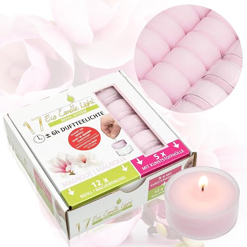 Candelo 17er Set Eco Refill Duftkerzen Ambiente - Magnolie Duft Wachsrohlinge zum Nachfüllen inkl. 5 x mit Teelicht Hülle - Kerzen für Teelichter von Candelo