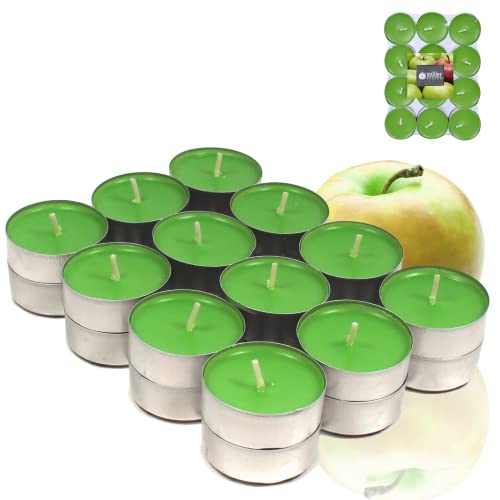 Candelo 24er Set Duft Kerze - Duftteelichter Grün fruchtiger Juicy Apple Geruch - Teelicht 4 Std Brenndauer - Duftkerze 3,6 x 1,4cm - für Frühling von Candelo