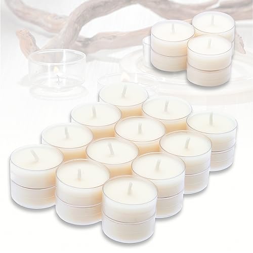 Candelo 24er Set Hochwertige Teelichter Ambiente - Kerzen Teelichte in Weiß - 4 Std Brenndauer unbeduftet - Kunststoff Hülle - 3,8 x 1,7cm je Teelicht von Candelo