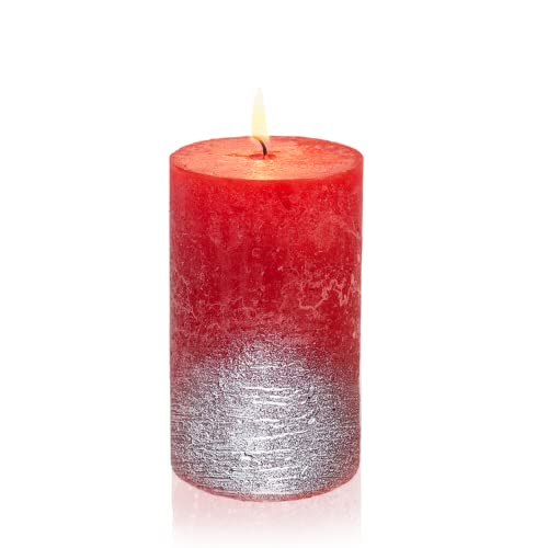 Smart-Planet Rustik Kerze Weihnachten Ambiente - Rot Metallic Silber- Rustic Stumpenkerze 12cm lange Brenndauer ca 54 Std - Weihnachtskerzen Adventskranz von Candelo