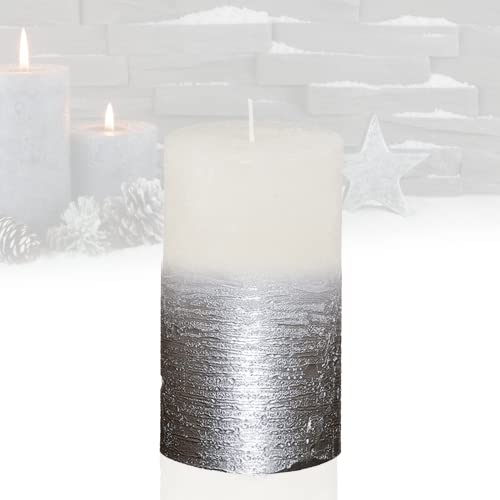 Candelo Kerze Weihnachten Ambiente Rustik - Weiß Metallic Silber - Rustic Stumpenkerze 12cm lange Brenndauer 54 Std - Weihnachtskerzen Adventskranz von Candelo